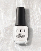 OPI Kyoto Pearl nail lacquer bottle stands upright with a black cap, showing a soft pearly white shimmer shade on a sparkling pearl-textured background, a trending manicure color.