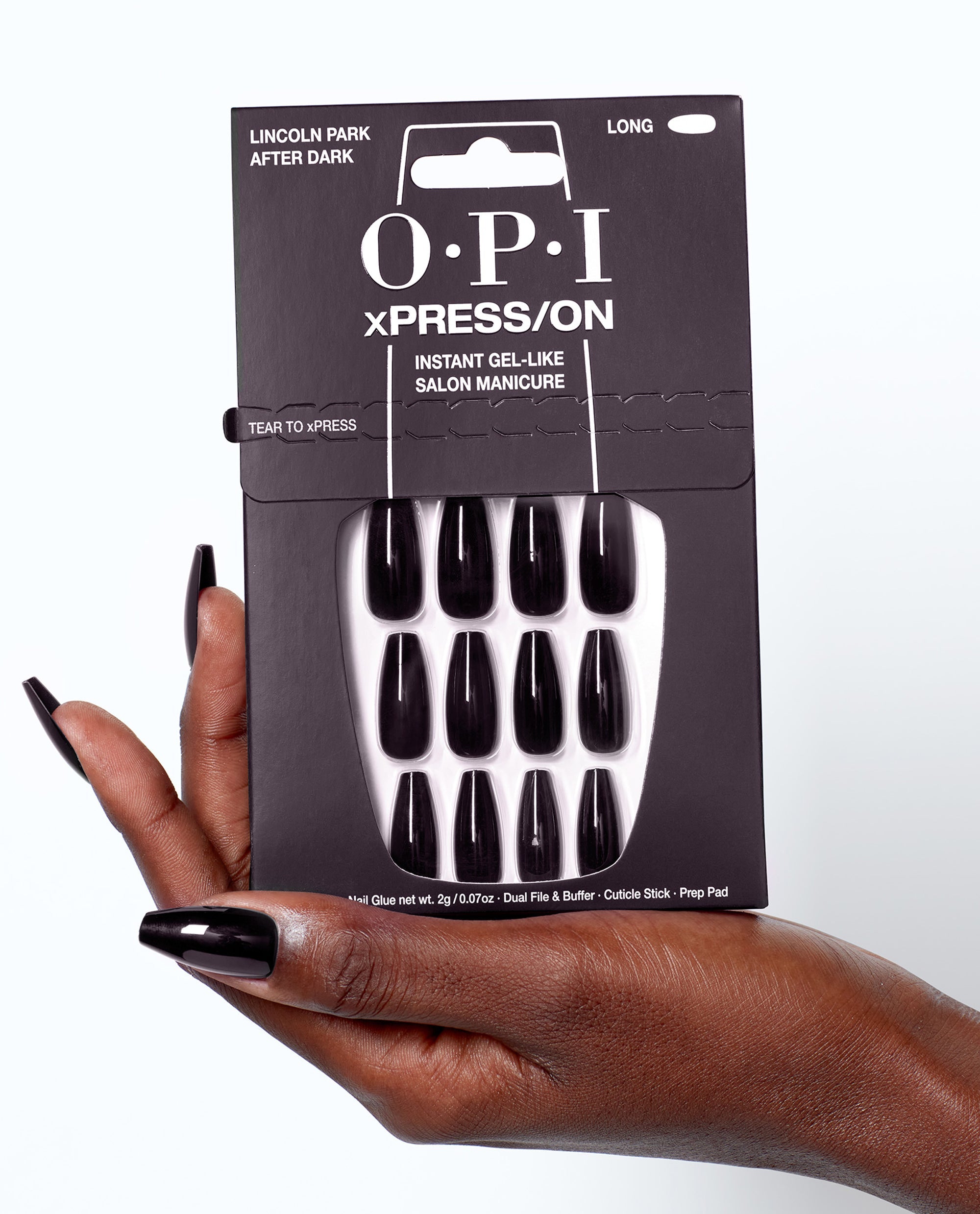 Lincoln Park After Dark® Dark Purple Long Press-on Nails Hand and Product