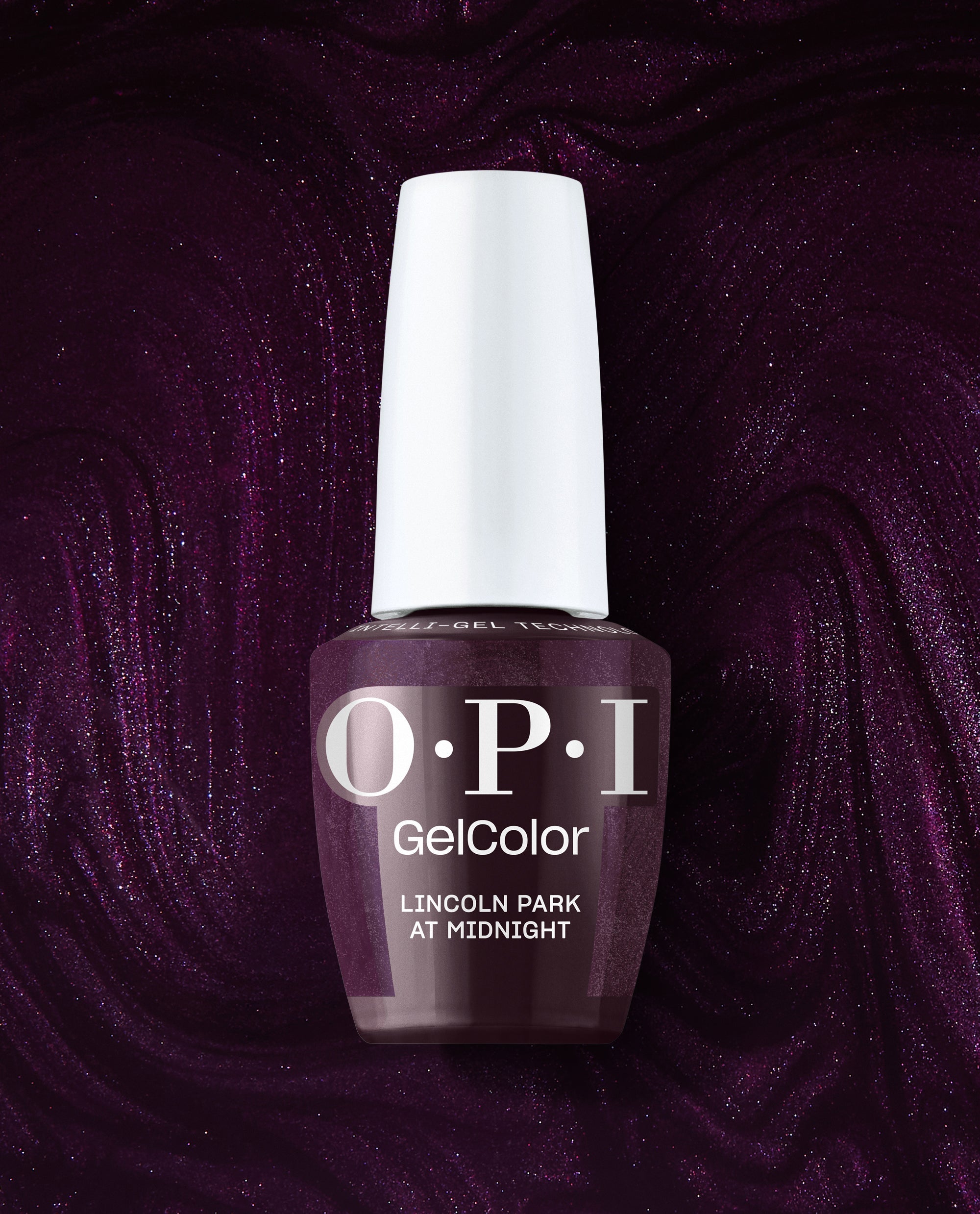 OPI GelColor Lincoln Park at Midnight gel nail polish bottle stands against a shimmering deep plum swirled background, showcasing a dark purple shade ideal for fall nail colors.