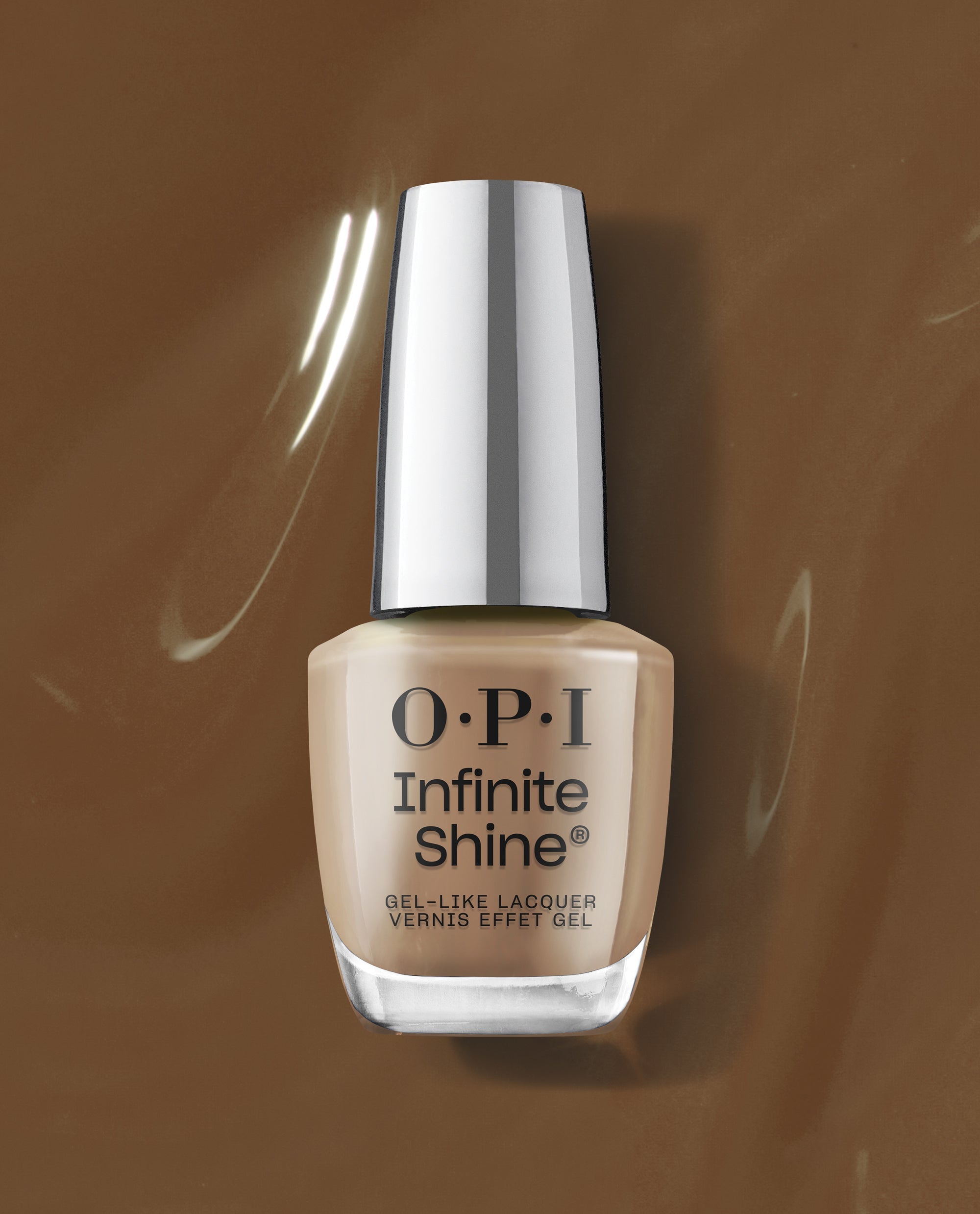 OPI Infinite Shine Livin' La Vida Mocha gel-like lacquer bottle in a creamy beige mocha shade, centered against a glossy chocolate-brown polish background.