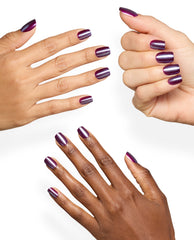 Diverse hands show OPI Louvre Conquers All Sticking Point nails, a glossy plum-purple metallic manicure with bright reflective stripes on a clean white background, ideal for fall nail colors.