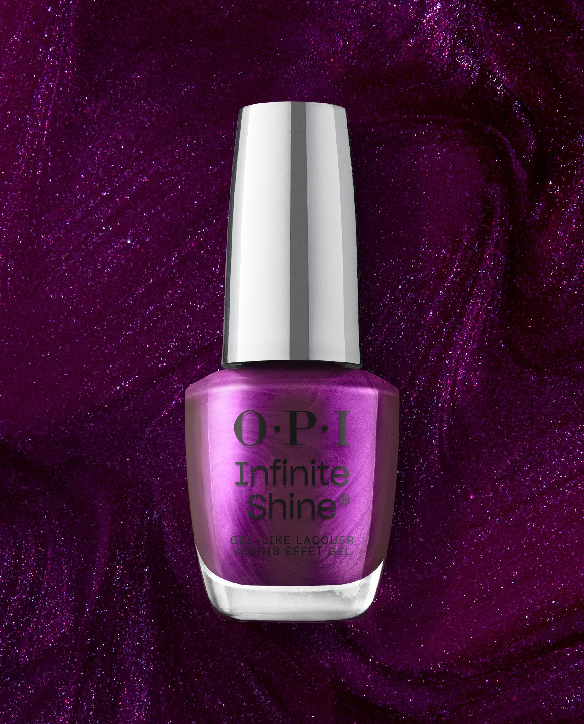 OPI Infinite Shine Louvre Me Lourve Me Not metallic purple gel-like nail polish bottle with a silver cap, centered on a sparkling plum background for bold fall nail colors.