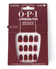 OPI xPRESS/ON Malaga Wine press-on nails display glossy deep red, gel-like classic tips in burgundy packaging, a rich choice for fall nail colors and at-home manicures.