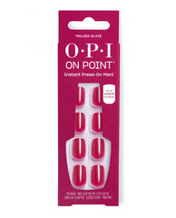 OPI On Point Malaga Glaze instant press-on manicure displays glossy deep berry red artificial nails in magenta packaging, a rich choice for fall nail colors.