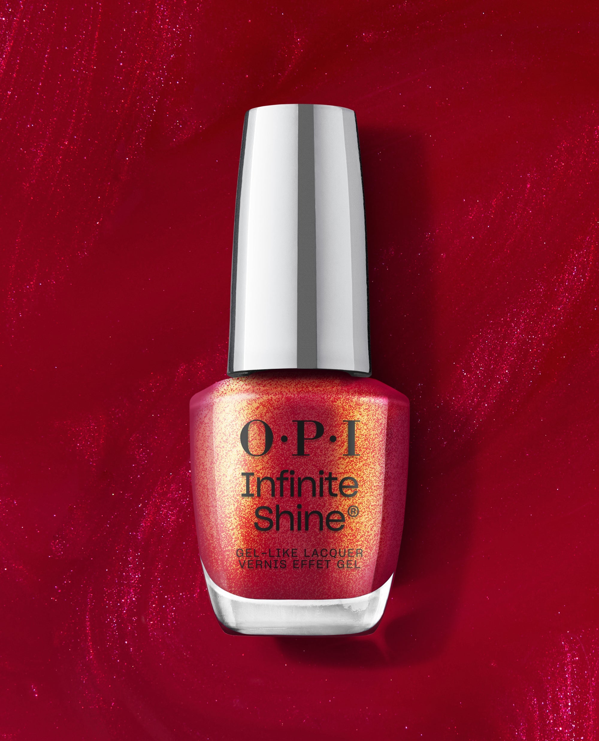OPI Infinite Shine Malaga Wine Not? gel-like lacquer bottle displayed against a shimmering red background, showcasing a rich wine-red shade for fall nail colors.