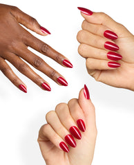 Three hands display glossy almond-shaped nails in Malaga Wine Not, a deep wine-red OPI shade for fall nail colors, on a clean white background.