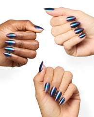 Three hands display almond-shaped nails in OPI Milky Mani Way Sticking Point, a magnetic shimmer shifting teal, purple, and navy on a clean white background, showcasing bold fall nail colors.