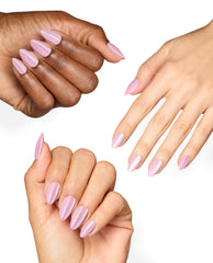 Hands of varied skin tones show OPI Mod About Chrome On Point almond nails in shimmering pink chrome, a soft metallic shade for fall nail colors on a clean white background.