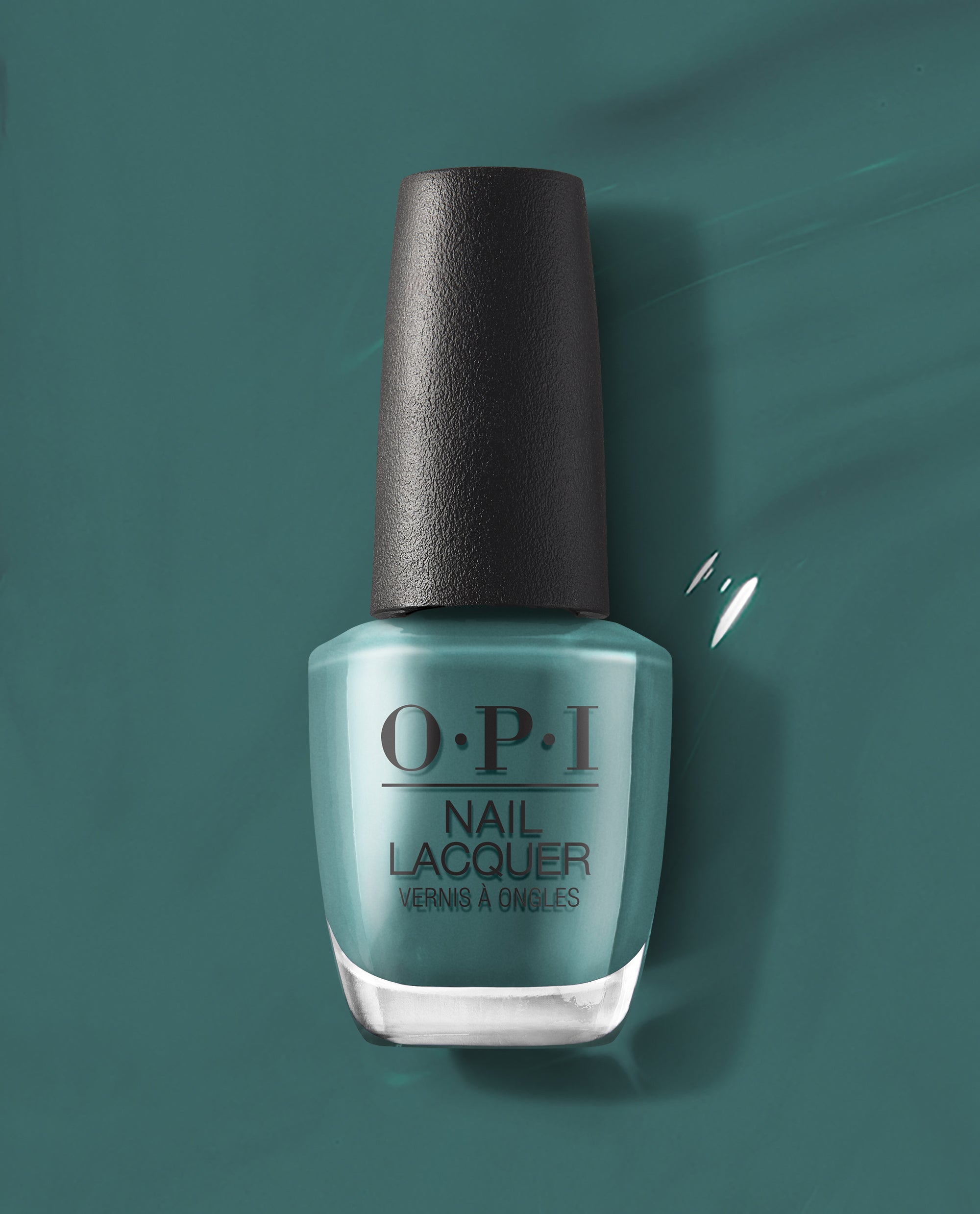 OPI nail polish bottle of My Studio's on Spring teal nail lacquer standing upright against a matching glossy teal background, showcasing the rich, creamy color and black textured cap for a modern salon-quality manicure look.
