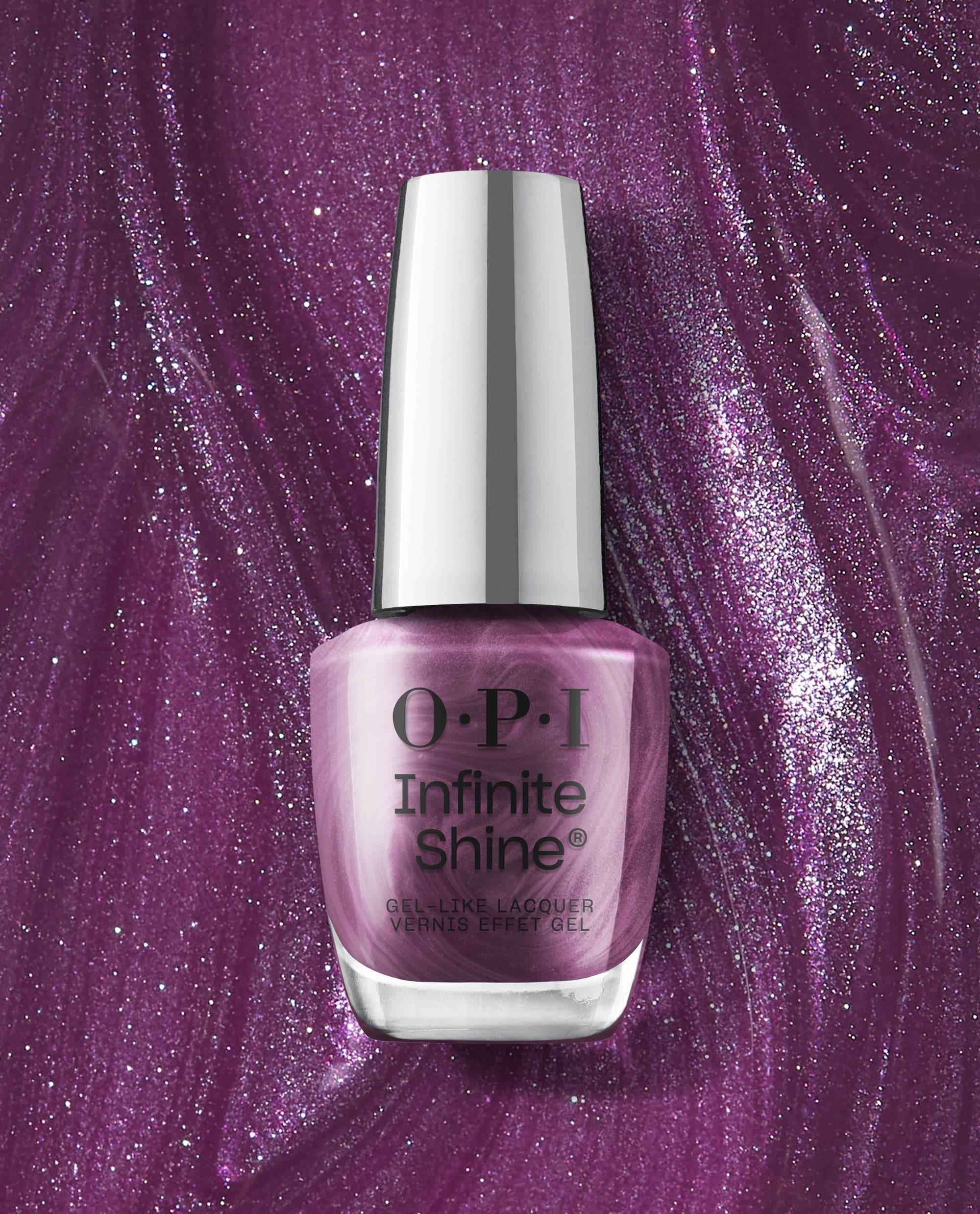 OPI Infinite Shine My Berry Janes gel-like lacquer bottle in shimmery berry-purple, displayed against a sparkling polish smear for rich fall nail colors.