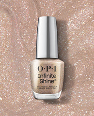 OPI Infinite Shine My Private Yacht gel-like lacquer bottle in champagne-gold holographic glitter, displayed on a sparkling textured swatch for shimmery fall nail colors.