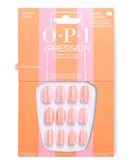 OPI xPRESS/ON Pass my Towel press-on nails display glossy pink and orange striped gel-like tips in matching striped packaging, a trending classic manicure set with up to 14 days of wear.