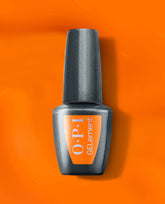 OPI Peel Good Factor at-home gel nail polish bottle in smoky charcoal shimmer stands upright on a glossy bright orange background with matching orange GELelement label.