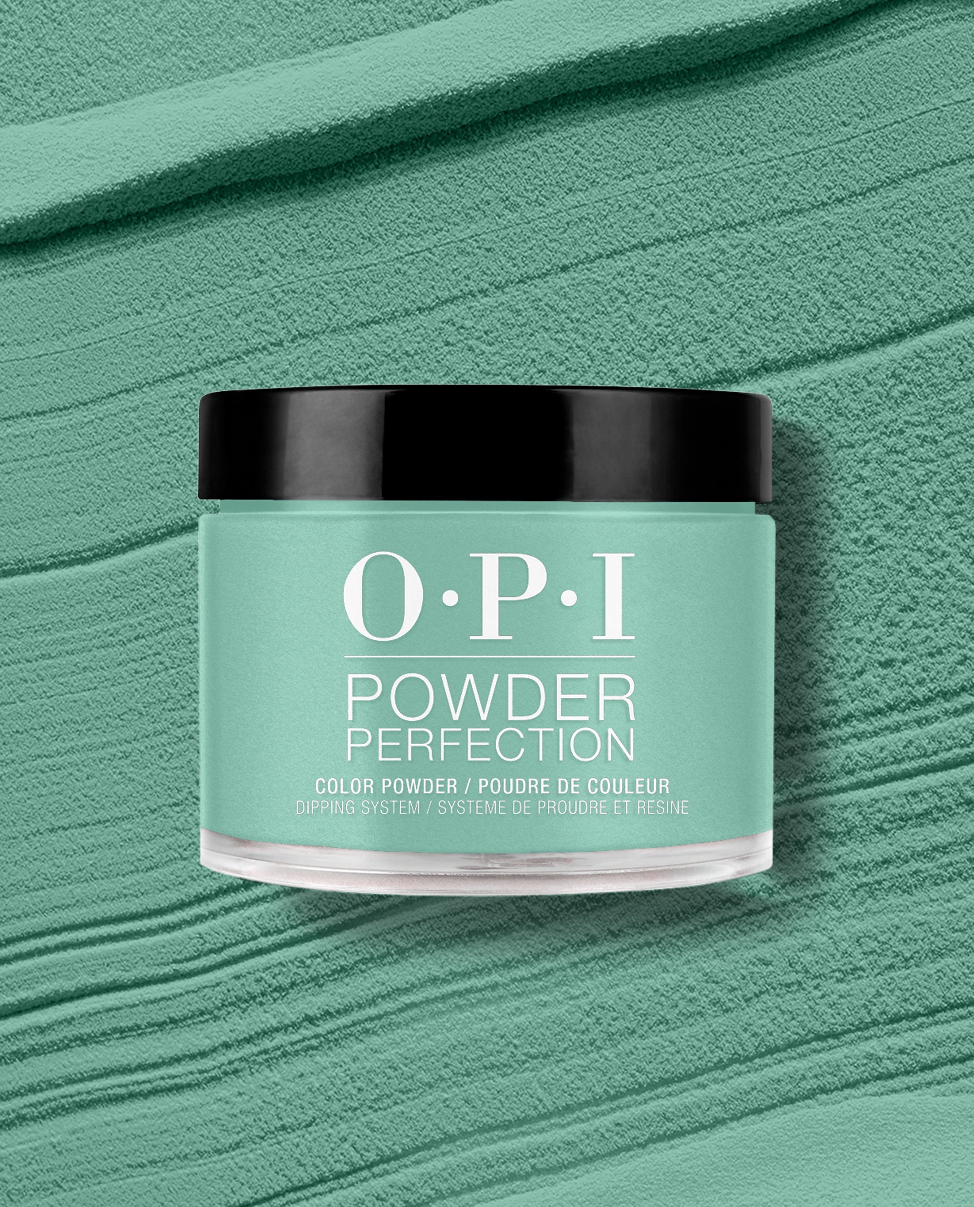 OPI Rated Pea-G Powder Perfection dipping powder jar centered on a textured mint/pea-green backdrop, showcasing a fresh green nail polish shade ideal for spring nail colors, perfect for long-lasting OPI dip manicures.