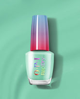 OPI RapiDry™ No Further Delays bottle stands upright, showcasing soft mint green nail polish with a blue-to-pink gradient cap on a matching green backdrop—a fresh pick for green nail polish lovers seeking spring nail colors from OPI.