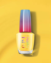 OPI RapiDry nail polish in Proceed with (No) Caution, a bright yellow shade, standing upright with a blue-to-pink gradient cap on a yellow background.