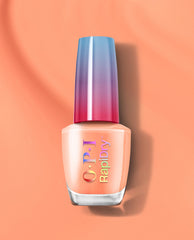 OPI RapiDry Within Peach nail polish bottle stands on a peach background, showing a soft peach shade, holographic logo, and trending blue-to-pink ombré cap.