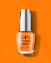 OPI nail polish Rollerbabe Infinite Shine bottle standing upright, showcasing its vibrant glossy orange gel-like lacquer against a matching bright orange background for a bold summer manicure look.