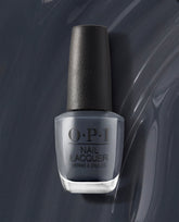 OPI nail polish bottle of Rub-a-Pub-Pub nail lacquer standing upright, showing a deep smoky gray shade with a black textured cap, set against a glossy swirled gray background highlighting the cool-toned color.
