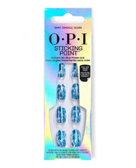 OPI Sticking Point Snap, Crackle, Gloss press-on nails displayed in an iridescent box, featuring blue and white crackle designs for bold fall nail colors.