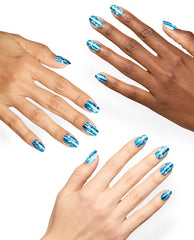 Hands display Snap, Crackle, Gloss Sticking Point nails with glossy teal-blue and white crackle nail art, showcasing bold OPI fall nail colors on a clean white background.