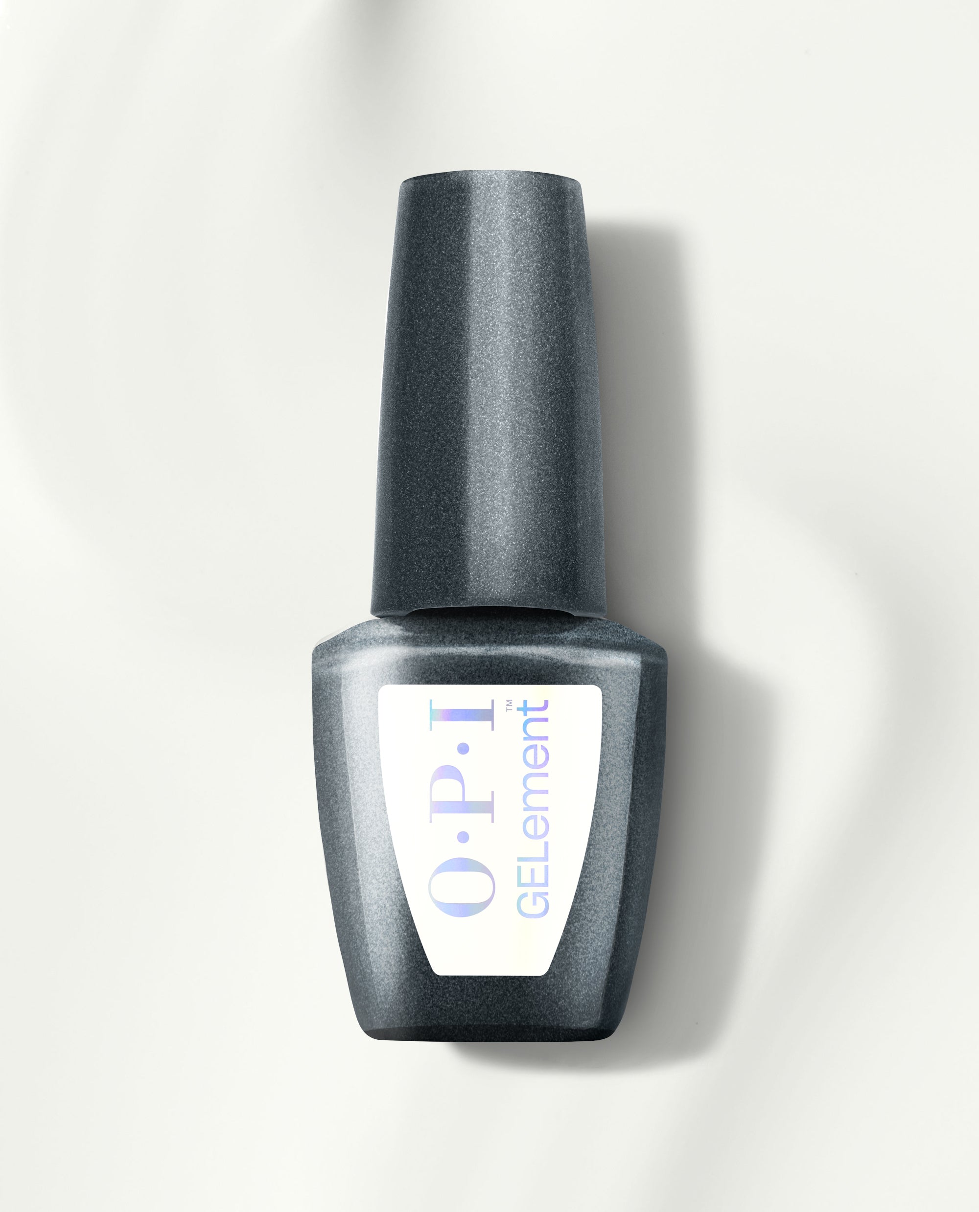 Snow AnGEL at-home gel nail polish bottle from OPI GELElement standing upright, featuring a shimmery dark gray finish and iridescent logo on a clean off-white background, ideal for a modern nail polish gift set.