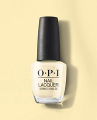 OPI Blinded by the Ring Light yellow nail lacquer bottle with black cap, shown upright on a soft yellow background with a subtle shadow.