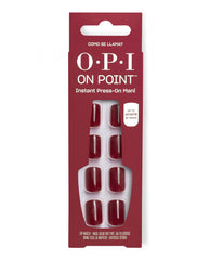 OPI Como se Llama? On Point instant press-on mani in glossy deep red, shown in burgundy retail packaging with 24 nails, glue, file, buffer, and cuticle stick for fall nail colors.