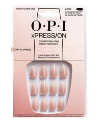 OPI Dream Come Hue xPRESS/ON Nail Art set showing 30 long, almond-shaped nude press-on nails in a soft pink gradient retail box, marketed as an instant gel-like salon manicure and ideal as an OPI nail polish gift set.