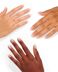 Three hands showcase Dream Come Hue xPRESS/ON Nail Art with glossy nude almond-shaped tips, highlighting the OPI nail polish gift set’s natural, minimalist manicure look on diverse skin tones against a clean white background.