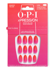 OPI xPRESS/ON Squeeze the Day long press-on nails display glossy pink-to-red gradient oval tips in bright pink packaging, a trending instant gel-like salon manicure with up to 14 days of wear.