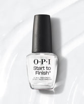 OPI Start to Finish 3-in-1 Treatment clear nail polish bottle standing upright, showing black cap and labeled top and base coat on a glossy white background, ideal as an OPI nail polish gift set or everyday nail care staple.