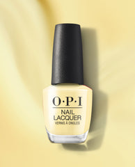 OPI Sunny Bunny Nail Lacquer bottle stands upright, showing a soft pale yellow polish with a black textured cap against a matching yellow background.