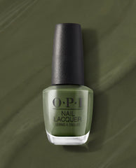 OPI Suzi – The First Lady of Nails Nail Lacquer bottle standing upright, showcasing a rich olive green nail polish against a matching swirled backdrop, a chic pick for spring nail colors from OPI with frosted glass and a textured black cap.