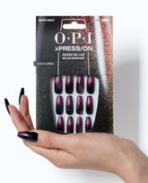 OPI Swipe Night Black Holographic Press-on Nails Hand and Product