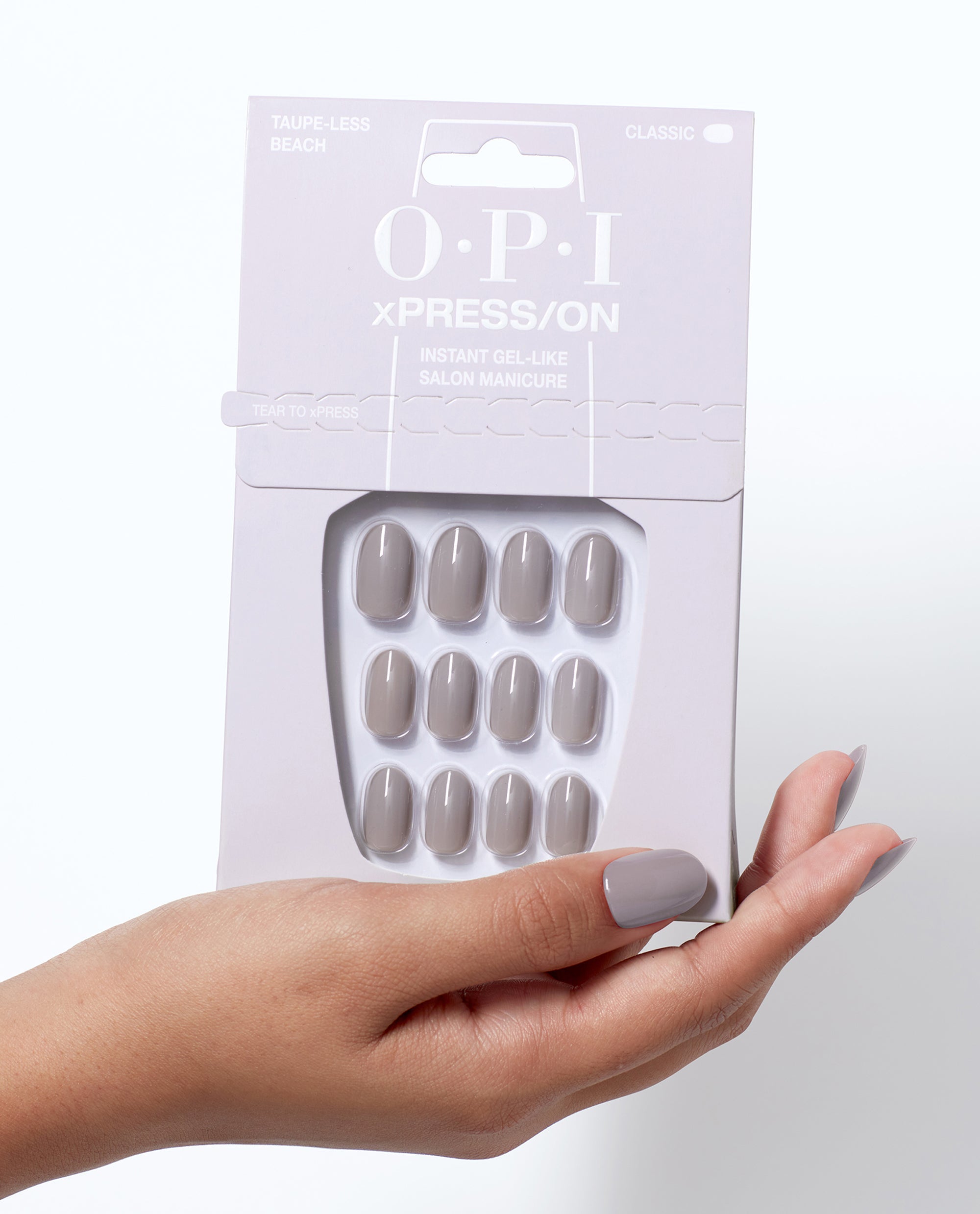OPI Taupe-less Beach - Short Taupe Press-on Nails Hand and Product