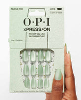 OPI Taurus-t Me xPRESS/ON Effects Metallic Green Press-on Nails Hand and Product