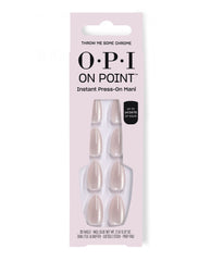 OPI On Point Throw Me Some Chrome press-on nails displayed in pale pink packaging, featuring shimmery champagne chrome oval nails and a 14-day wear callout for fall nail colors.