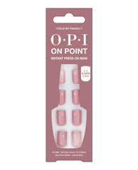 OPI On Point Tickle My France-y instant press-on mani set displayed in mauve-pink packaging, showing glossy nude-pink press-on nails with included nail glue, file, buffer, and cuticle stick, perfect as an OPI nail polish gift set.