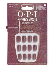 OPI xPRESS/ON Track Suited Cutie press-on nails in dusty mauve shimmer displayed in glittery burgundy packaging, a classic short fall nail color set with up to 14 days of wear.