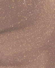 Track Suited Cutie OPI Infinite Shine nail polish swatch shows a sheer warm taupe-brown gel-like lacquer with fine gold shimmer flakes, a cozy option for fall nail colors.
