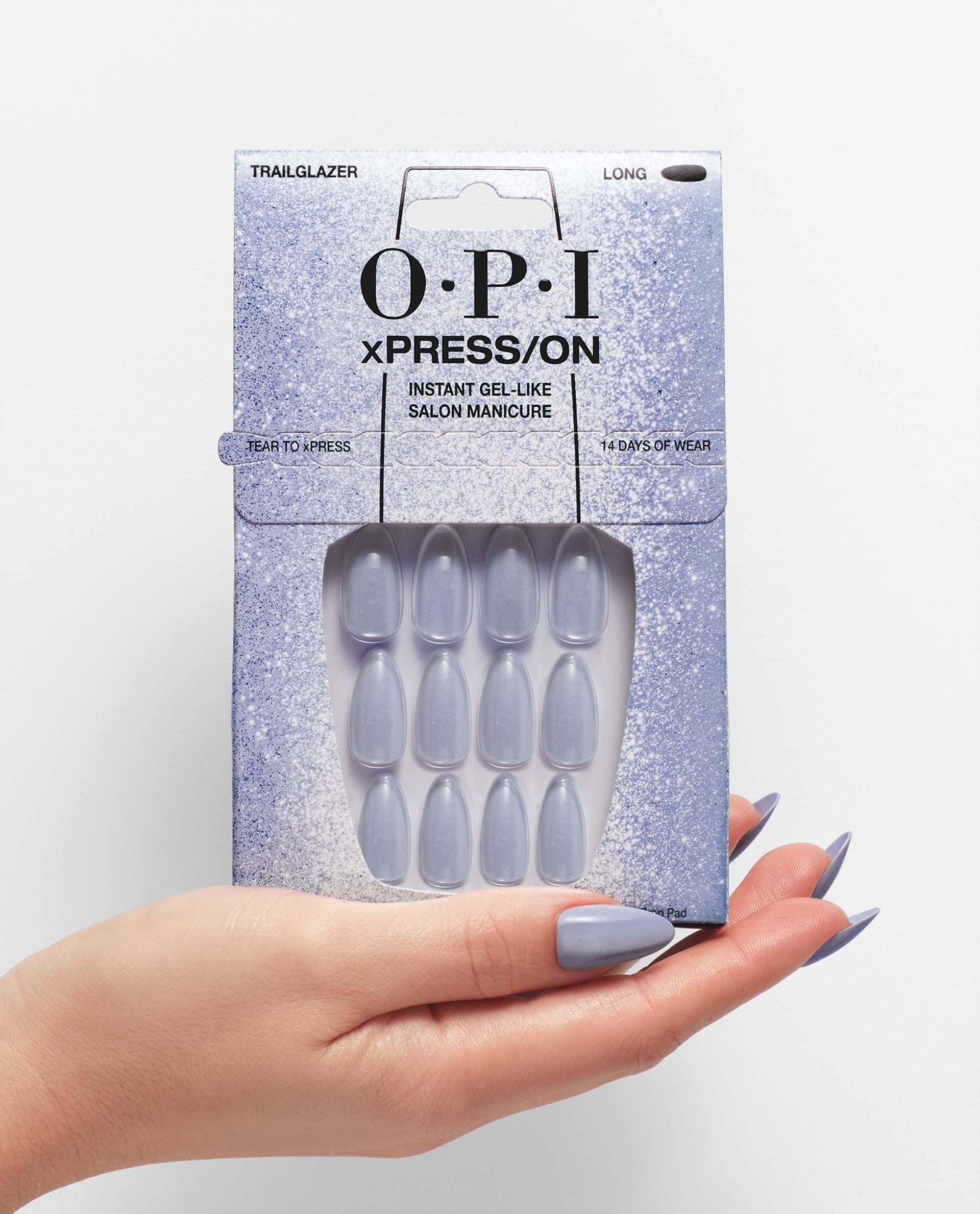 OPI xPRESS/ON Blue Velvet Press-on Nails Hand and Product Image