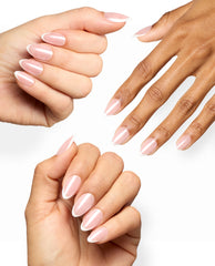 Three hands display glossy almond French manicures with sheer pink OPI Très Chic Glaze and crisp white tips, showcasing elegant fall nail colors on a clean white background.
