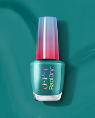 OPI What a Winterful World RapiDry nail polish bottle with teal lacquer and an iridescent pink-to-purple cap standing upright against a glossy teal background, ideal product shot for an OPI nail polish gift set.
