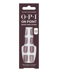 OPI On Point You Don’t Know Jacques! press-on nails display glossy taupe-brown fall nail colors in retail packaging with nail glue, file, buffer, cuticle stick, and up to 14 days of wear.