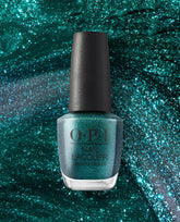 OPI Yuletide Sweetings! Nail Lacquer bottle standing upright, showcasing glittery emerald green nail polish, set against a matching teal sparkle backdrop—festive and bold, ideal for spring nail colors from OPI.