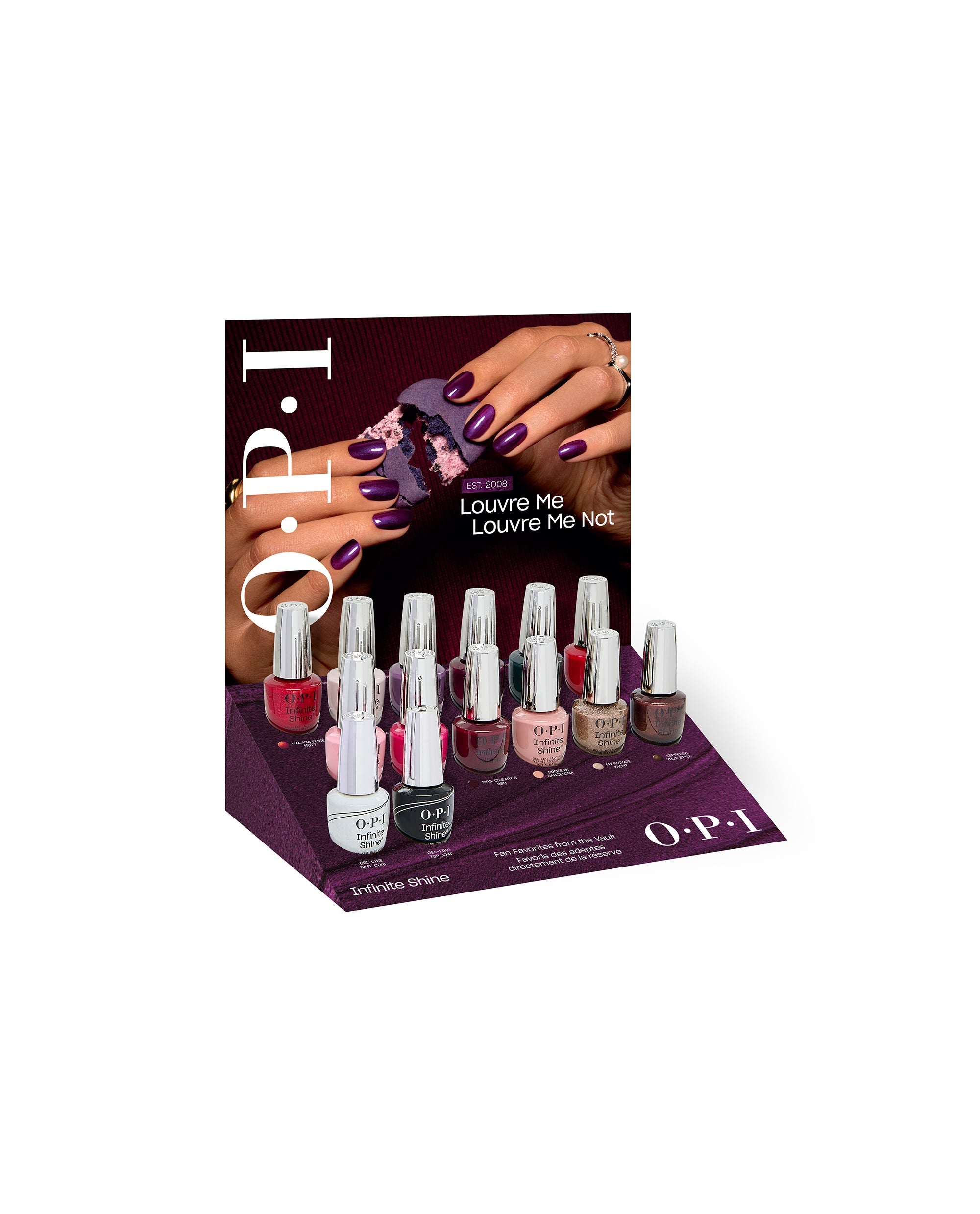 OPI Fall '26 Infinite Shine 14PC Vac Tray Display showcases long-wear lacquer bottles in rich fall nail colors, with a purple manicure campaign backdrop on a white studio background.