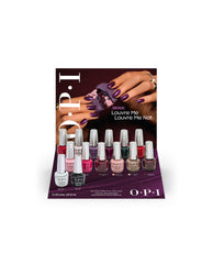 OPI Fall ’26 Infinite Shine 14PC Vac Tray Display showcasing long-wear fall nail colors in a purple countertop kit with polish bottles, base coat, top coat, and Louvre Me Louvre Me Not artwork.