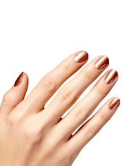 Hand with neatly manicured nails wearing OPI nail polish in 2000 Karats Infinite Shine, showing a metallic rose-gold, high-shine finish against a clean white background.