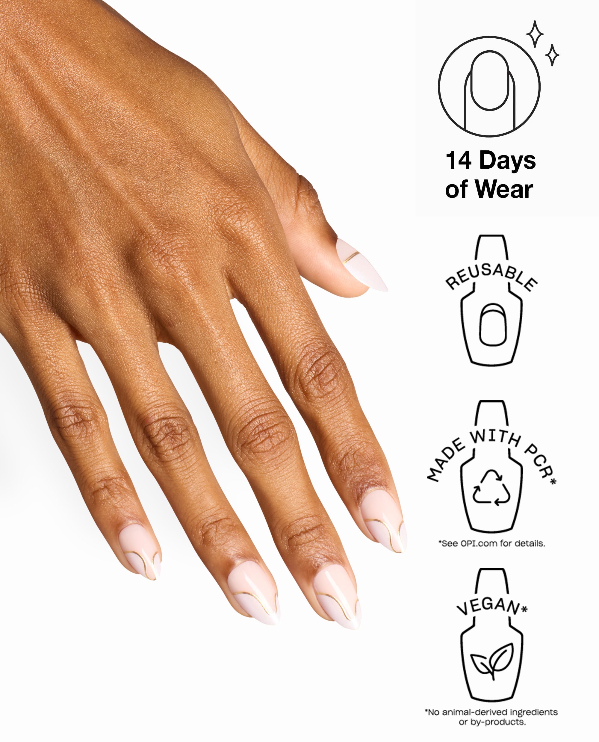 Hand wearing OPI 24K Drip xPRESS/ON almond press-on nails in soft nude with gold swirl accents, shown with 14-day wear, reusable, PCR-made, vegan benefits for fall nail colors.